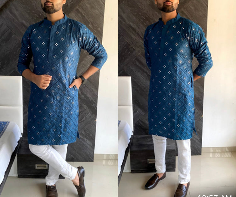 Blue Cotton lite print Kurta Pajama